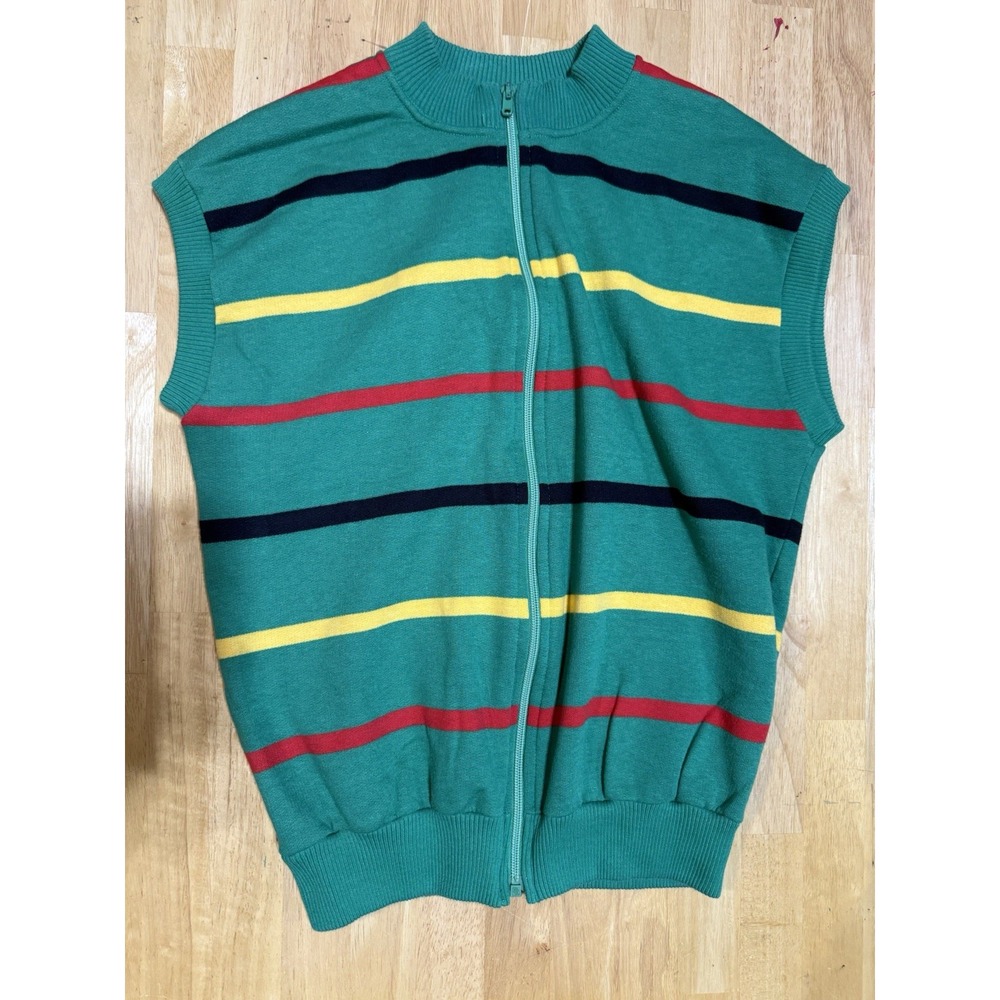 Vintage 80s Sport 2 Sweater Vest Mens M Green Striped Full Zip USA Made Golf
